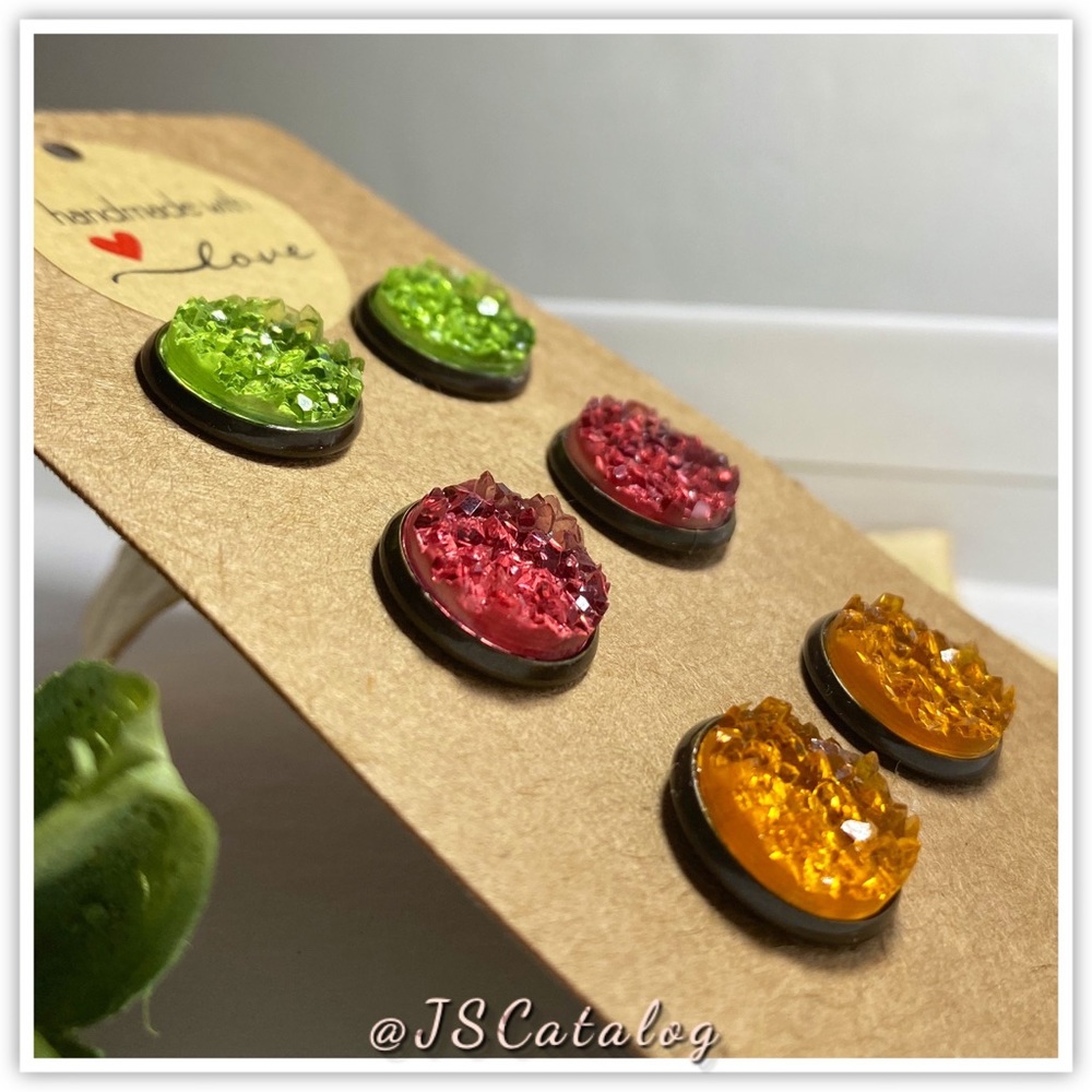 3 x Chunky Druzy on Bronze Posts Earrings